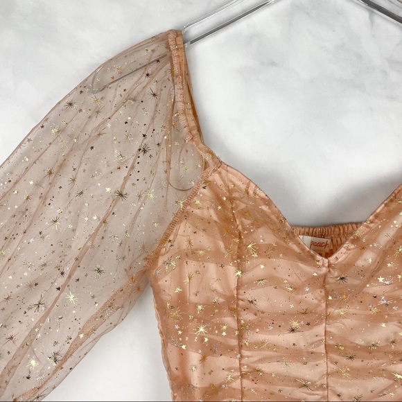 NWT Metallic Celestial Star Print Smocked Semi-Sheer Crop Blouse Top Boho Nude L - Picture 4 of 11